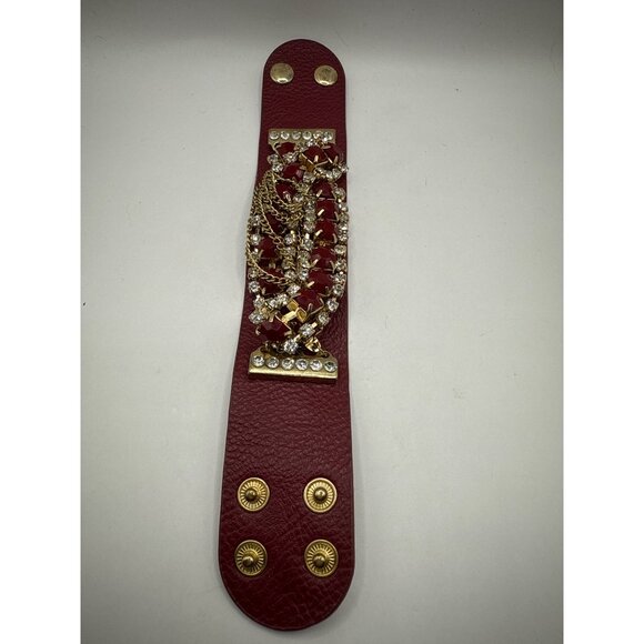 Red & Gold Chain Rhinestone Leather Snap Bracelet - Picture 4 of 7